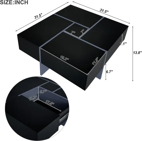 Vista 2 de Polibi Mesa de centro cuadrada con 4 compartimentos de almacenamiento ocultos, mesa de cóctel de diseño único con mesa deslizante extensible, mesa