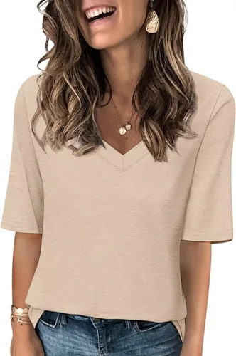 Vista 23 de Minetom Camisetas de verano básicas de media manga con cuello en V para mujer