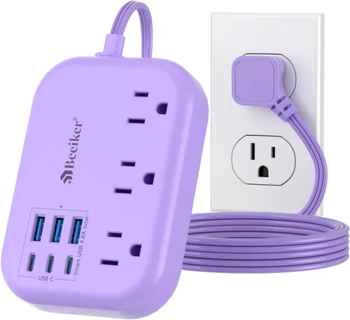 Vista 9 de Beeiker Cable de Extensión Corto de 1 Pie - Tira de Alimentación de 6 USB (3 USB C) para Viajes con Estación de Carga USB de 24W y 3 Tomas, Cable