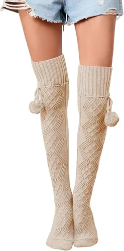 Vista 22 de SherryDC Calcetines de punto trenzado hasta el muslo para mujer, medias de bota extra largas de invierno, calentadores de piernas 1 - Blanco