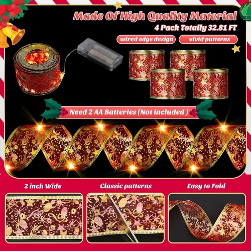 Vista 2 de Geosar 4 Piezas 20 m Cinta de Luces de Hadas para Árbol de Navidad, Cinta de Luces Iluminada para Decoración de Árbol de Navidad, para Decoraciones