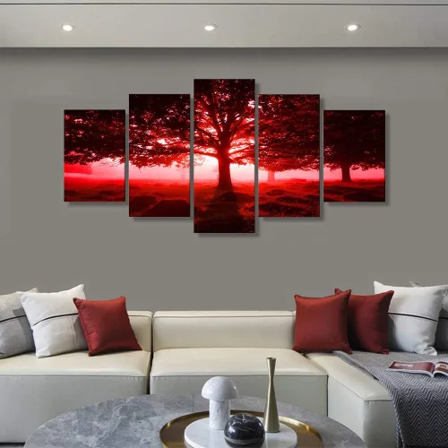 Vista 3 de Ephany Arte moderno de pared de árbol rojo, impresión en lienzo de paisaje, 80 x 40 pulgadas (5 piezas) para decoración de sala de estar