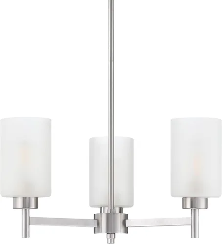 Vista 16 de 3 luces de vidrio industrial moderno con acabado de níquel cepillado. Accesorio de iluminación y decoración de jaula de alambre de metal para sala