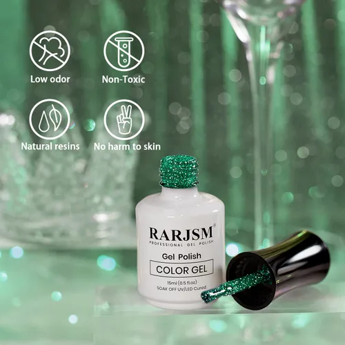 Vista 5 de RARJSM Esmalte de uñas de gel con purpurina verde, esmalte de gel reflectante con destellos de purpurina y diamantes, esmalte de uñas de gel