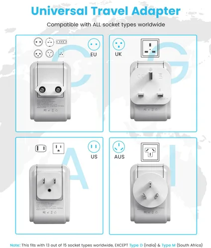 Vista 2 de VINTAR - Kit de adaptador de viaje universal, adaptador de enchufe internacional con 3 puertos USB (2 USB C, 3.4 A) y 2 salidas americanas, tipo A