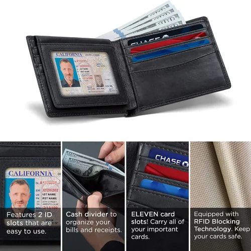 Vista 25 de SERMAN BRANDS Billetera de piel con 2 ventanas de identificación para hombre, con bloqueo RFID, doble tapa superior, billetera de viaje de capacidad