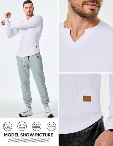 Vista 5 de JMIERR Camisetas de manga larga para hombre, estilo casual, cuello en V Negro+Blanco