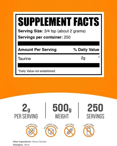 Vista 2 de bulksupplements.com Taurina en polvo - Suplemento de taurina, suplemento de aminoácidos para energía - Sin sabor y sin gluten, 2g por porción, 500g
