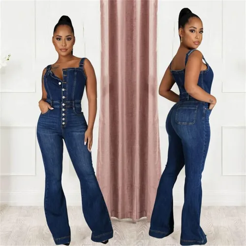 Vista 5 de Pantalones de mezclilla sin mangas para mujer, con hombros descubiertos, ajustados, holgados, con botones, pierna ancha, overol sexy y ajustado