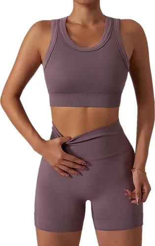 Vista 69 de Conjuntos de entrenamiento para mujer, 2 piezas, sin costuras, acanalada, sin mangas, brasier deportivo, cintura alta, pantalones cortos