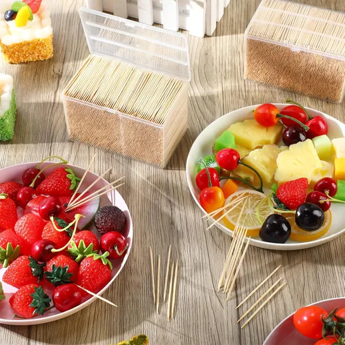 Vista 2 de Jerify 3000 palillos de madera de bambú, redondos, de doble cara, con caja de almacenamiento de plástico transparente para aperitivos, alimentos