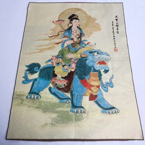 Vista 2 de Seda Embroidey Tibetano Thangka Budismo Bodhisattva Manjusri Tangka Thangka Mural Pintura Fengshui para colgar en la pared para decoración del hogar