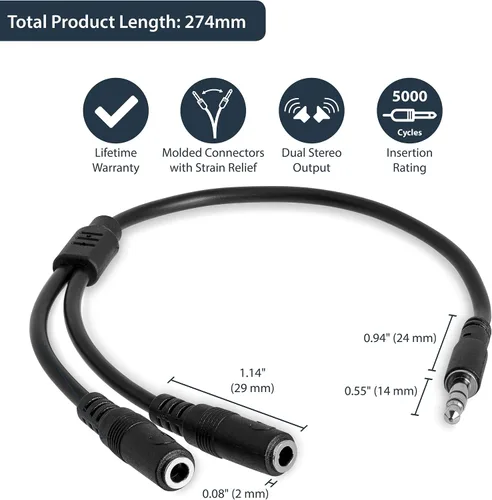 Vista 3 de StarTech.com Cable de extensión de audio de 0.138 in – Cable divisor de audio delgado y extensor de auriculares – macho a 2 cables AUX hembra