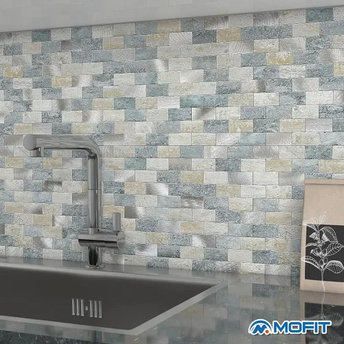 Vista 3 de Azulejos adhesivos de ladrillo para salpicaduras de cocina, azulejos impermeables para salpicaduras de baño (5 hojas, azul gris)