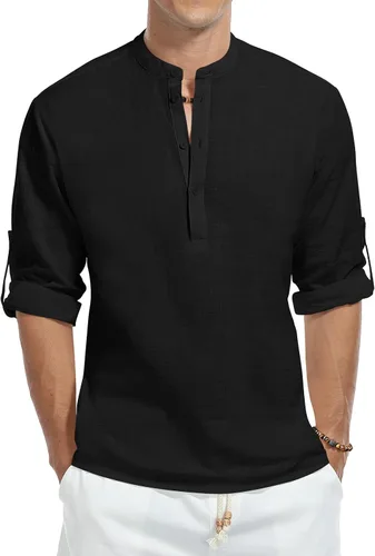 Vista 3 de KUYIGO Camisas Henley de manga corta para hombre, estilo casual, de algodón, de lino, con botones, regular, hippie, playera
