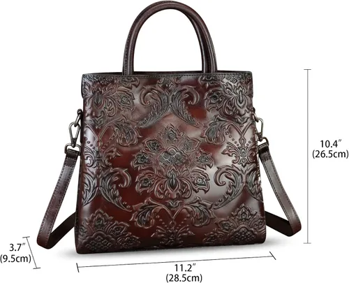 Vista 6 de Bolso de cuero genuino para mujer, bolso de cuero en relieve, bolso de mano con asa superior, bolso cruzado