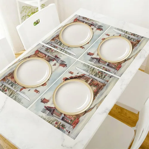 Vista 4 de Christmas House, Gingerbread Table Placemats Set of 4 Merry Christmas Gingerbread Cafe Heat-Resistant Tablemats Kitchen Table Mats Cotton Linen