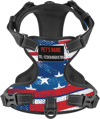 Vista 21 de Arnés personalizado para perro sin tirones, chaleco personalizado con bandera estadounidense para perro con número de teléfono y nombre de mascota