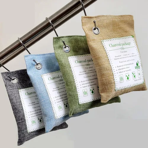 Vista 3 de Bolsas de carbón de bambú absorbentes de olores, 2 paquetes de 3.53 oz de bolsas desodorantes de carbón con ganchos, carbón de bambú natural, bolsas