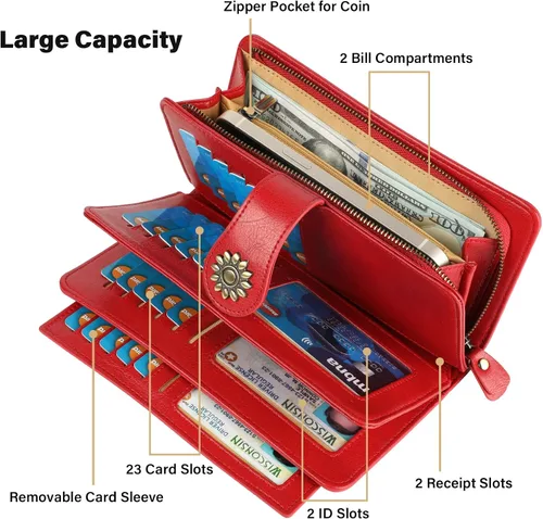 Vista 4 de Lavemi Carteras de cuero genuino de gran capacidad con bloqueo RFID para mujer, tarjetero con correa para la muñeca