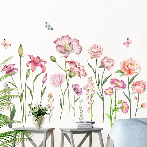 Vista 5 de Amaonm - Adhesivo de pared extraíble de flores frescas y mariposa voladora, libélula azul, rosa, lirio, amapola, peonía, floral, calcomanía de pared