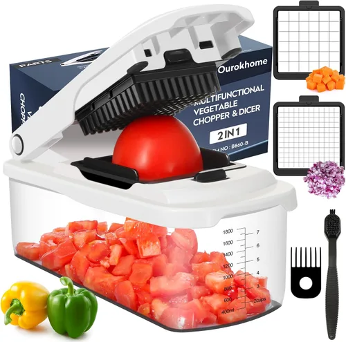 Vista 11 de Picadora de verduras Ourokhome con recipiente, picadora manual de verduras con 2 cuchillas de corte para tiras de papa, cubos de cebolla, palitos