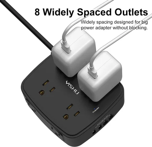 Vista 4 de Regleta de protección contra sobretensiones de 5 pies, 8 tomas amplias con 4 puertos USB, extensor de salida de 3 lados con cable de extensión de 5