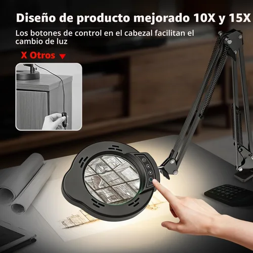 Vista 2 de Lupa con luz y abrazadera, lámpara de aumento de escritorio de 15X 10X, lupa de lente de cristal real de 84 LED, 5 modos de color regulable sin