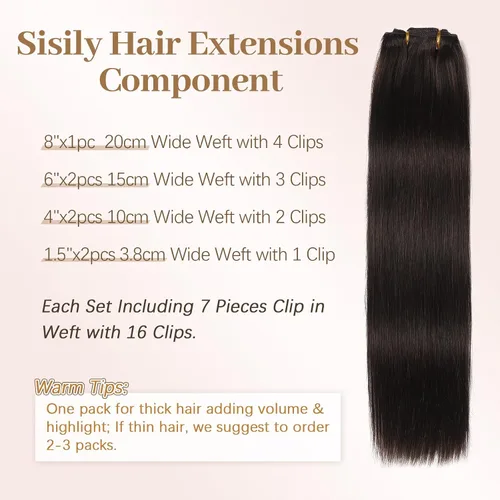 Vista 2 de Sisily Extensiones de cabello humano real con pinzas, extensiones de cabello humano real de alta calidad, color marrón oscuro, extensiones