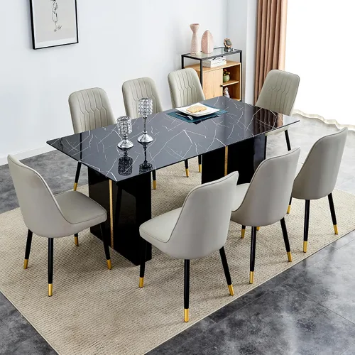 Vista 14 de Juego de mesa de comedor de vidrio de 71 pulgadas para 6, mesa de comedor para 6, mesa de vidrio templado con marco de MDF blanco y 6 sillas