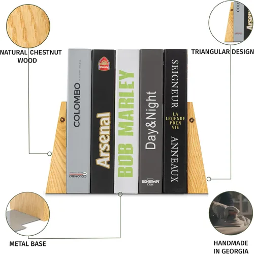 Vista 4 de TILISMA Sujetalibros de madera hechos a mano con base de metal, castaño - Soportes resistentes para libros para estanterías - Sujetalibros