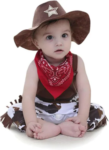 Vista 2 de VISGOGO Western Baby - Conjunto de disfraz de 3 piezas, mameluco con borlas, sombrero de estrella de ala ancha, bufanda estampada triangular