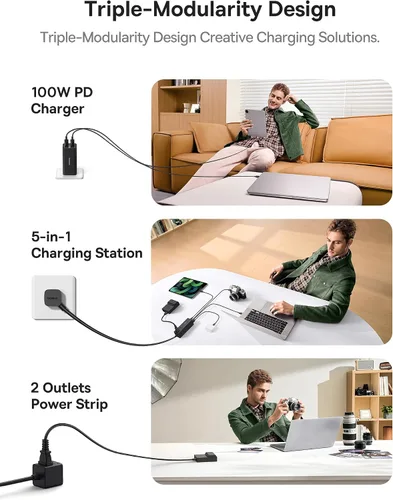 Vista 2 de Baseus Estación de carga 100W, tira de alimentación de viaje 5 en 1 con cargador USB C, con cable de extensión desmontable de 5 pies, enchufe plano