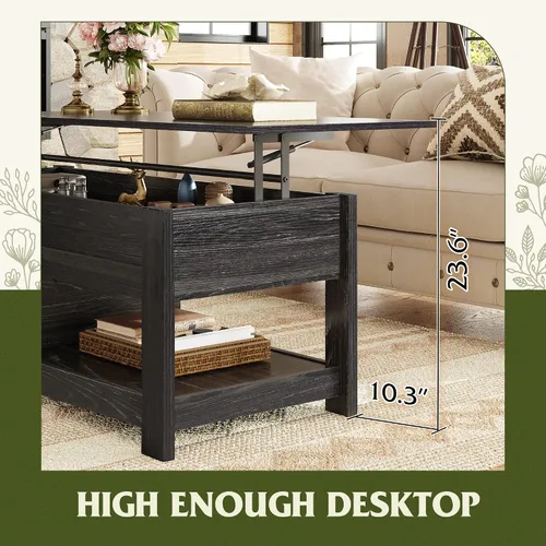 Vista 4 de WLIVE - Mesa de centro con parte superior elevable de 47", mesa de centro con compartimento oculto y 2 estantes de almacenamiento para sala de Roble