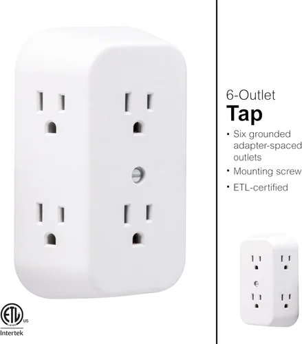Vista 3 de GE Extensor de salida, divisor de alimentación de pared de 6 enchufes múltiples Blanco