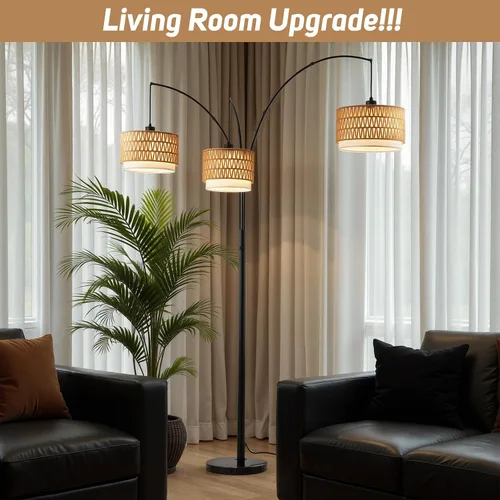 Vista 8 de Lámpara de pie de ratán para sala de estar, lámpara de pie boho de 80 pulgadas de altura con interruptor giratorio, lámpara de arco de 3 luces