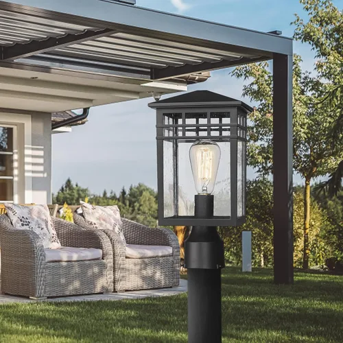 Vista 9 de Lámpara de poste exterior, farol moderno de pilar exterior con acabado negro y vidrio semillado, luz de poste para jardín, patio trasero, patio