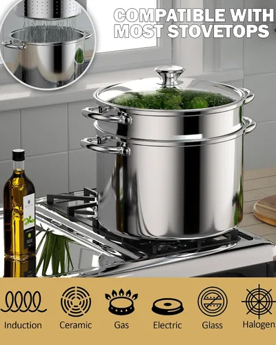 Vista 4 de Cook N Home 02401 Ollas multiuso de acero inoxidable con fondo encapsulado de 4 cuatro piezas, 8 cuartos de galón Steamer Basket, Pasta Strainer
