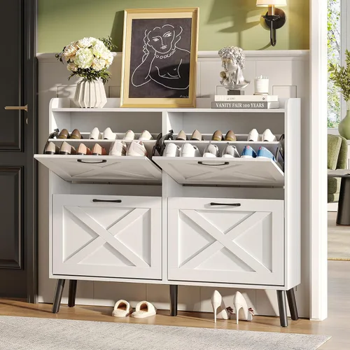 Vista 32 de Maupvit Gabinete de almacenamiento para zapatos con 2 cajones abatibles, organizador independiente con patas de metal para entrada, gabinete Beige