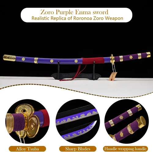 Vista 2 de Espada Púrpura Enma Zoro, espada Katana de acero rico en carbono 1095 de 41" de longitud, espadas Samurai de espiga completa, colección de armas