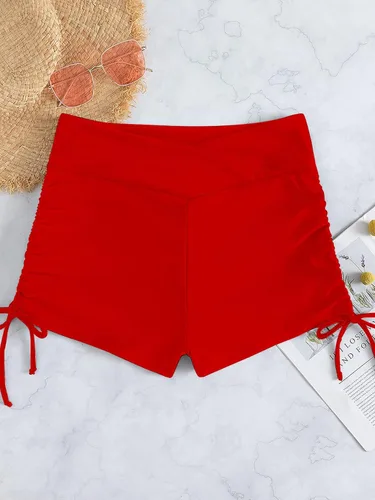 Vista 3 de HYTENSUN Pantalones cortos de natación de cintura alta con corte en V para mujer, pantalones cortos fruncidos con lazo lateral
