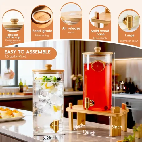 Vista 4 de Paquete de 2 dispensadores de bebidas de vidrio de 1.5 galones para fiestas, dispensador de bebidas con soporte de madera, dispensadores de agua