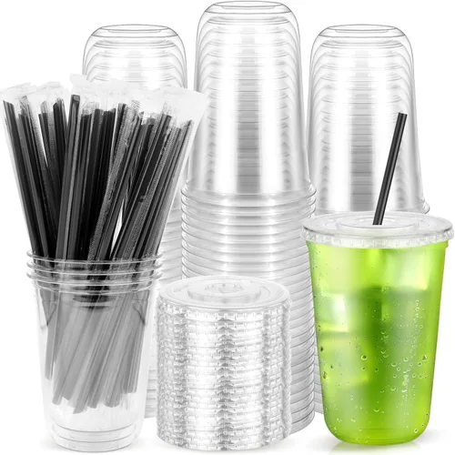 Vista 11 de Paquete de 100 vasos de plástico transparente con tapas planas y pajitas, tazas desechables de 12 onzas para café helado, vasos de plástico