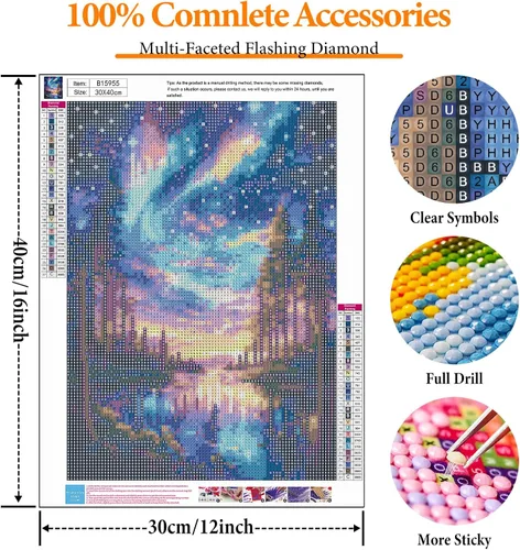 Vista 4 de Kits de pintura de diamantes de cielo estrellado Offito para adultos, kits de pintura de diamantes 5D Aurora Lake para principiantes, fantásticos