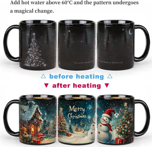 Vista 2 de Kmiles Taza con cambio de calor de árbol de Navidad y muñeco de nieve, taza mágica que cambia de color para café/té, 12 onzas, azul/rojo/blanco