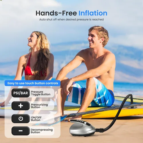 Vista 2 de SereneLife Compresor de bomba de aire digital compacto premium con PSI preestablecido apagado automático para inflar tablas de remo SUP, barcos