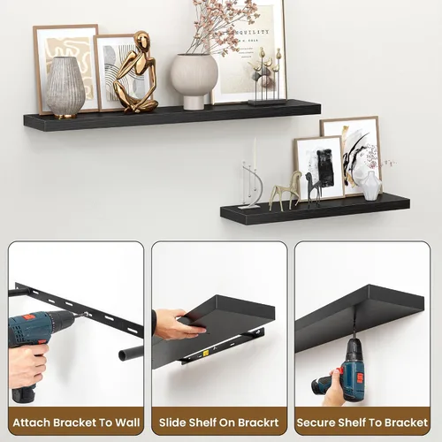 Vista 6 de Heimlove Estantes flotantes para pared, estante de 16 pulgadas para baño pequeño, almacenamiento montado y exhibición, estantes de madera para Negro