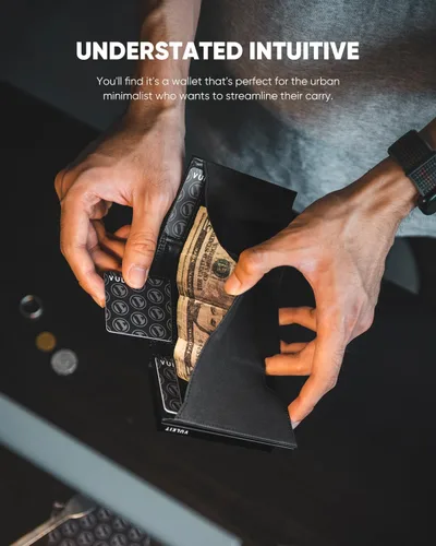 Vista 5 de VULKIT Billetera desplegable de metal para hombre, con bloqueo RFID inteligente, tarjetero de crédito, cierre magnético, billeteras triples de cuero