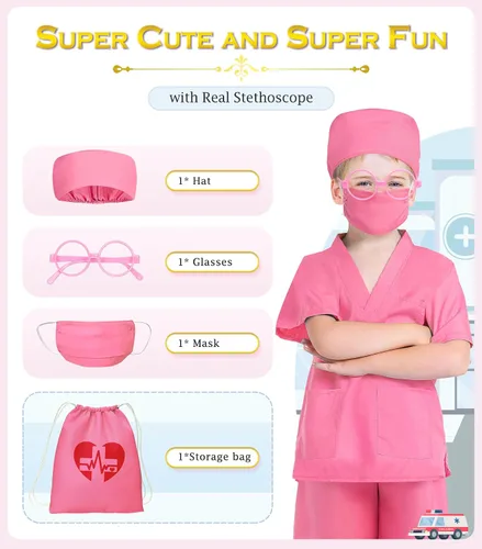 Vista 4 de Disfraz de médico para niños, batas para niñas y niños, ropa de juego de simulación y vestuario para niños, disfraces de Halloween para niñas, kit
