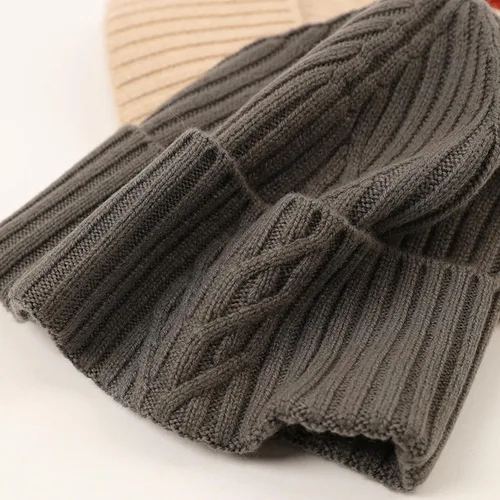 Vista 3 de Gorro de invierno 100% lana para mujeres y hombres, gorro de esquí con puños, gorra de calavera